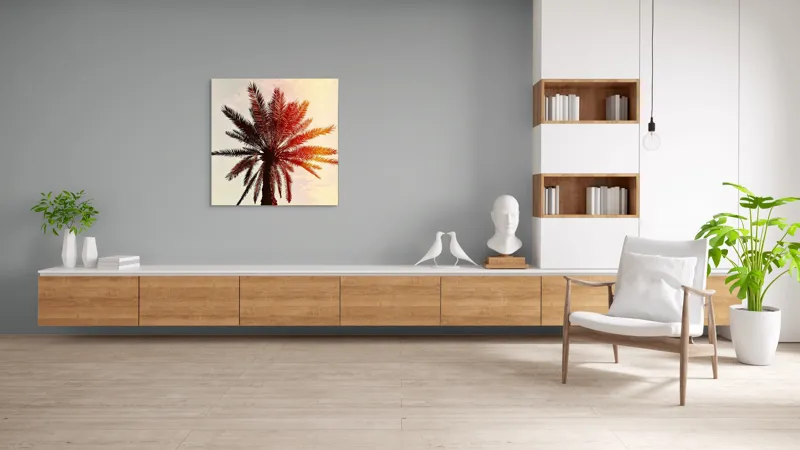 Tablou Canvas, "Apus de soare printre frunze tropicale", Palmier, Apus, Siluetă, Cer, Soare, Frunze, Culoare, Lumină, 100 x 100 cm – poza 8