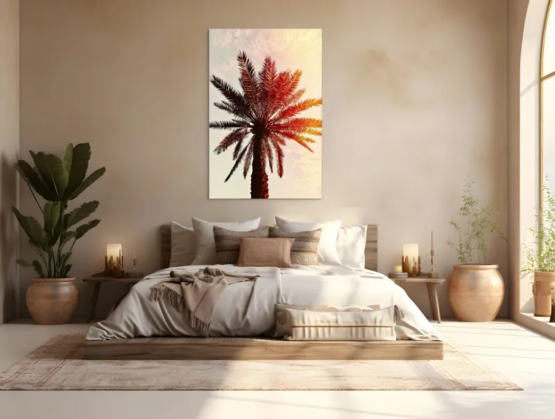 Tablou Canvas, "Apus de soare printre frunze tropicale", Palmier, Apus, Siluetă, Cer, Soare, Frunze, Culoare, Lumină, 100 x 150 cm – poza 3