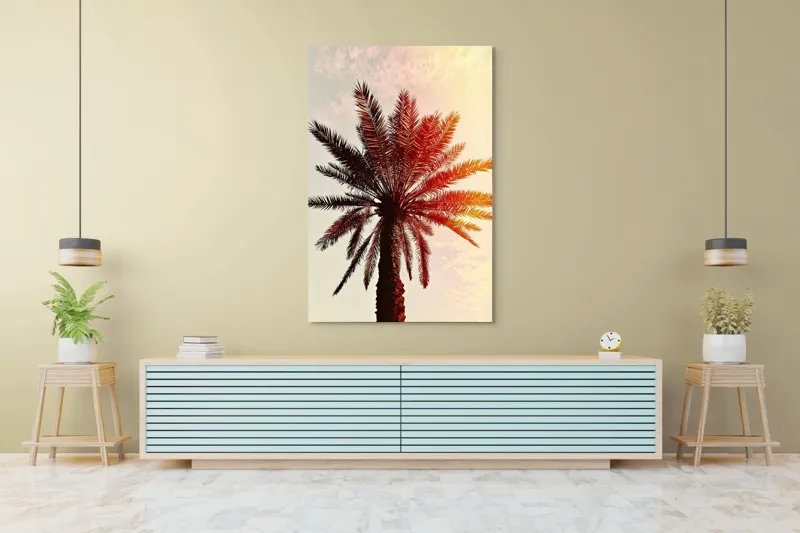Tablou Canvas, "Apus de soare printre frunze tropicale", Palmier, Apus, Siluetă, Cer, Soare, Frunze, Culoare, Lumină, 100 x 150 cm – poza 4