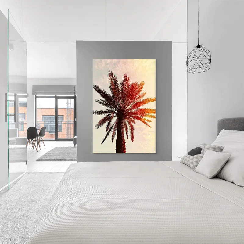 Tablou Canvas, "Apus de soare printre frunze tropicale", Palmier, Apus, Siluetă, Cer, Soare, Frunze, Culoare, Lumină, 100 x 150 cm – poza 5