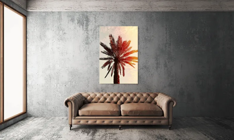 Tablou Canvas, "Apus de soare printre frunze tropicale", Palmier, Apus, Siluetă, Cer, Soare, Frunze, Culoare, Lumină, 100 x 150 cm – poza 6