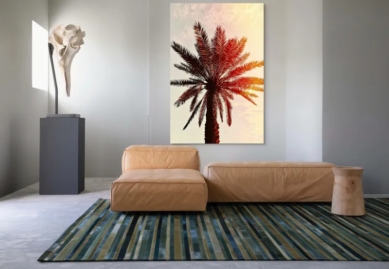 Tablou Canvas, "Apus de soare printre frunze tropicale", Palmier, Apus, Siluetă, Cer, Soare, Frunze, Culoare, Lumină, 100 x 150 cm – poza 7