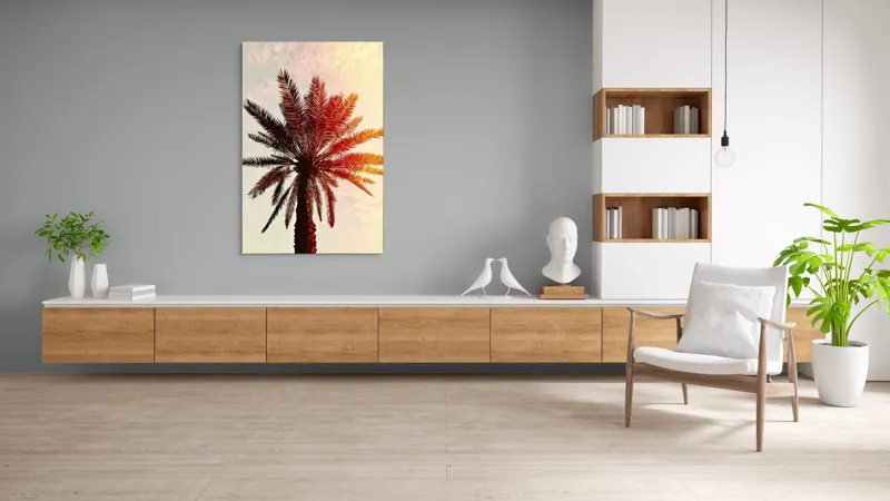 Tablou Canvas, "Apus de soare printre frunze tropicale", Palmier, Apus, Siluetă, Cer, Soare, Frunze, Culoare, Lumină, 100 x 150 cm – poza 8