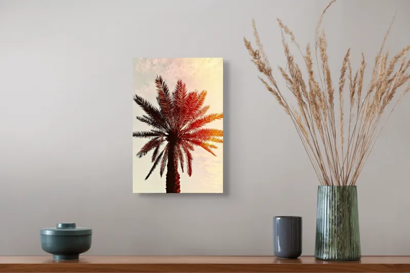 Tablou Canvas, "Apus de soare printre frunze tropicale", Palmier, Apus, Siluetă, Cer, Soare, Frunze, Culoare, Lumină, 26 x 39 cm – poza 5