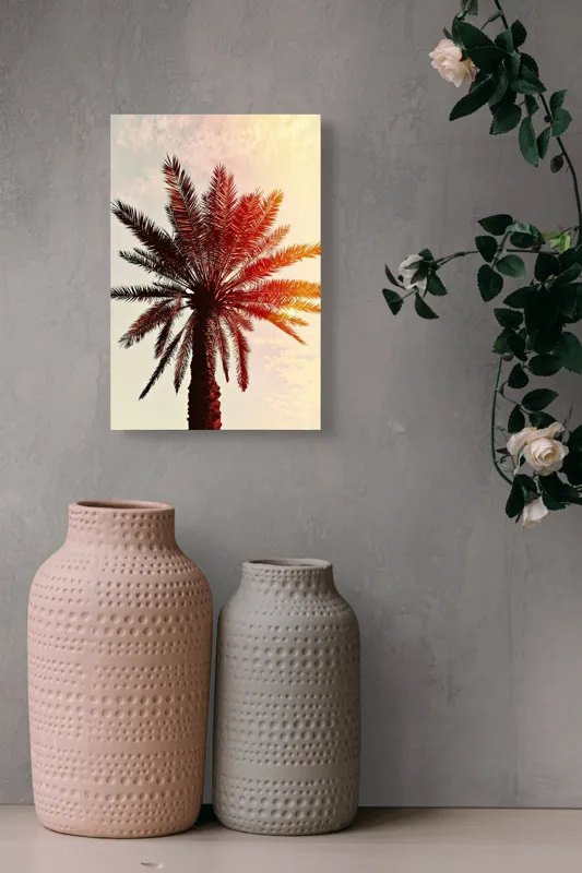 Tablou Canvas, "Apus de soare printre frunze tropicale", Palmier, Apus, Siluetă, Cer, Soare, Frunze, Culoare, Lumină, 26 x 39 cm – poza 6