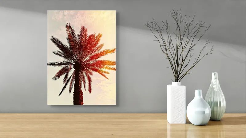 Tablou Canvas, "Apus de soare printre frunze tropicale", Palmier, Apus, Siluetă, Cer, Soare, Frunze, Culoare, Lumină, 39 x 54 cm – poza 4