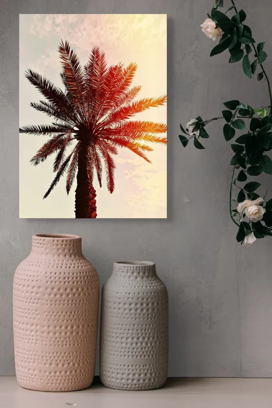 Tablou Canvas, "Apus de soare printre frunze tropicale", Palmier, Apus, Siluetă, Cer, Soare, Frunze, Culoare, Lumină, 39 x 54 cm – poza 6