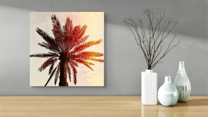 Tablou Canvas, "Apus de soare printre frunze tropicale", Palmier, Apus, Siluetă, Cer, Soare, Frunze, Culoare, Lumină, 50 x 50 cm – poza 3
