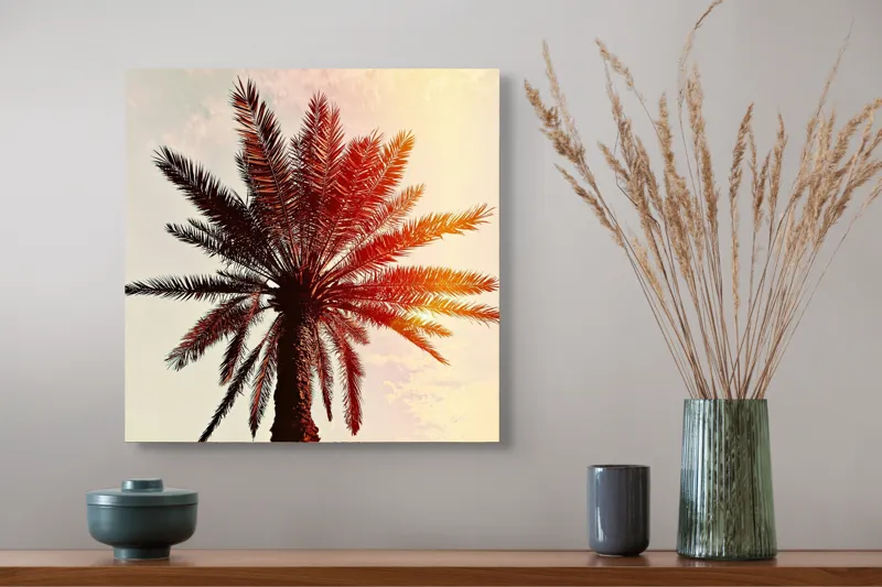 Tablou Canvas, "Apus de soare printre frunze tropicale", Palmier, Apus, Siluetă, Cer, Soare, Frunze, Culoare, Lumină, 50 x 50 cm – poza 4