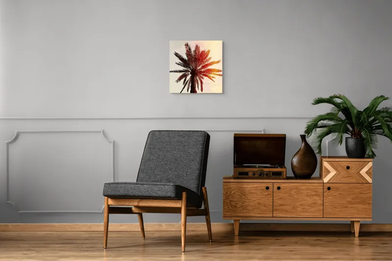 Tablou Canvas, "Apus de soare printre frunze tropicale", Palmier, Apus, Siluetă, Cer, Soare, Frunze, Culoare, Lumină, 50 x 50 cm – poza 6