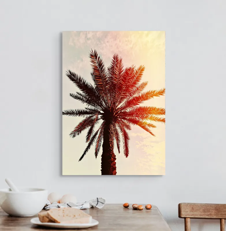 Tablou Canvas, "Apus de soare printre frunze tropicale", Palmier, Apus, Siluetă, Cer, Soare, Frunze, Culoare, Lumină, 50 x 70 cm – poza 3