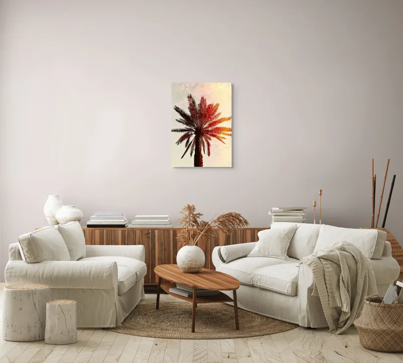 Tablou Canvas, "Apus de soare printre frunze tropicale", Palmier, Apus, Siluetă, Cer, Soare, Frunze, Culoare, Lumină, 50 x 70 cm – poza 4