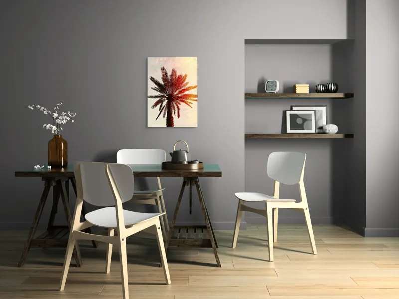 Tablou Canvas, "Apus de soare printre frunze tropicale", Palmier, Apus, Siluetă, Cer, Soare, Frunze, Culoare, Lumină, 50 x 70 cm – poza 5