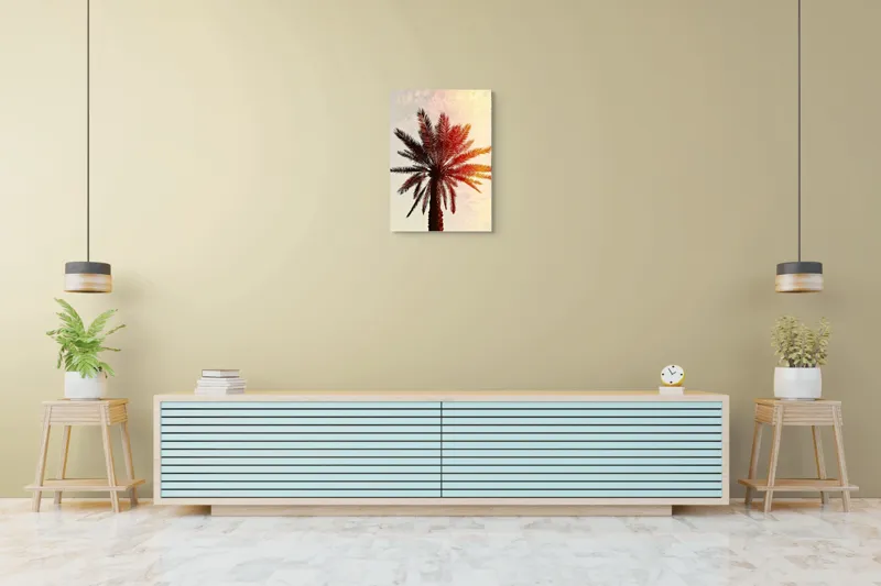 Tablou Canvas, "Apus de soare printre frunze tropicale", Palmier, Apus, Siluetă, Cer, Soare, Frunze, Culoare, Lumină, 50 x 70 cm – poza 6