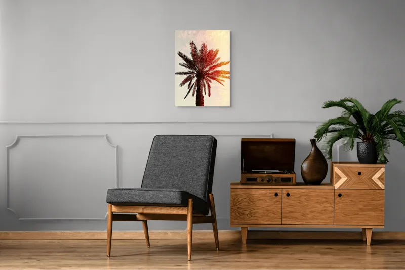 Tablou Canvas, "Apus de soare printre frunze tropicale", Palmier, Apus, Siluetă, Cer, Soare, Frunze, Culoare, Lumină, 50 x 70 cm – poza 8
