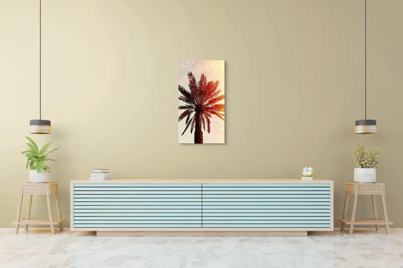 Tablou Canvas, "Apus de soare printre frunze tropicale", Palmier, Apus, Siluetă, Cer, Soare, Frunze, Culoare, Lumină, 50 x 90 cm – poza 6