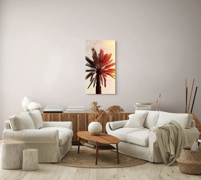 Tablou Canvas, "Apus de soare printre frunze tropicale", Palmier, Apus, Siluetă, Cer, Soare, Frunze, Culoare, Lumină, 50 x 90 cm – poza 7