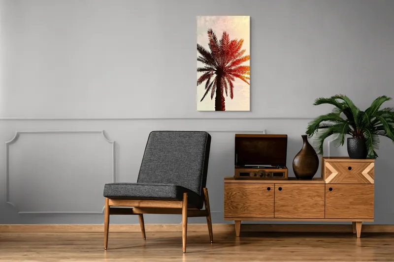 Tablou Canvas, "Apus de soare printre frunze tropicale", Palmier, Apus, Siluetă, Cer, Soare, Frunze, Culoare, Lumină, 50 x 90 cm – poza 8