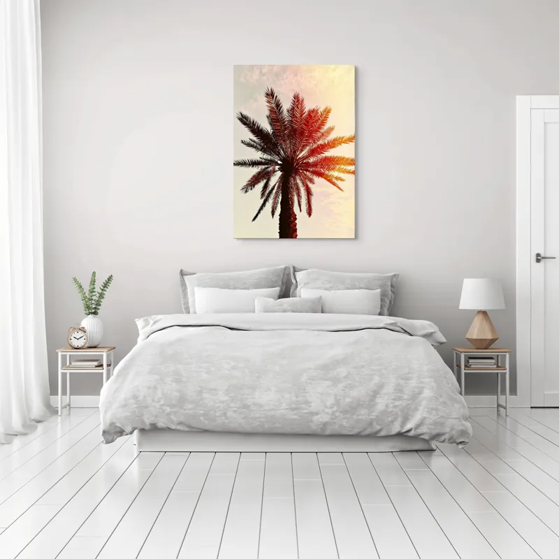 Tablou Canvas, "Apus de soare printre frunze tropicale", Palmier, Apus, Siluetă, Cer, Soare, Frunze, Culoare, Lumină, 70 x 100 cm – poza 3