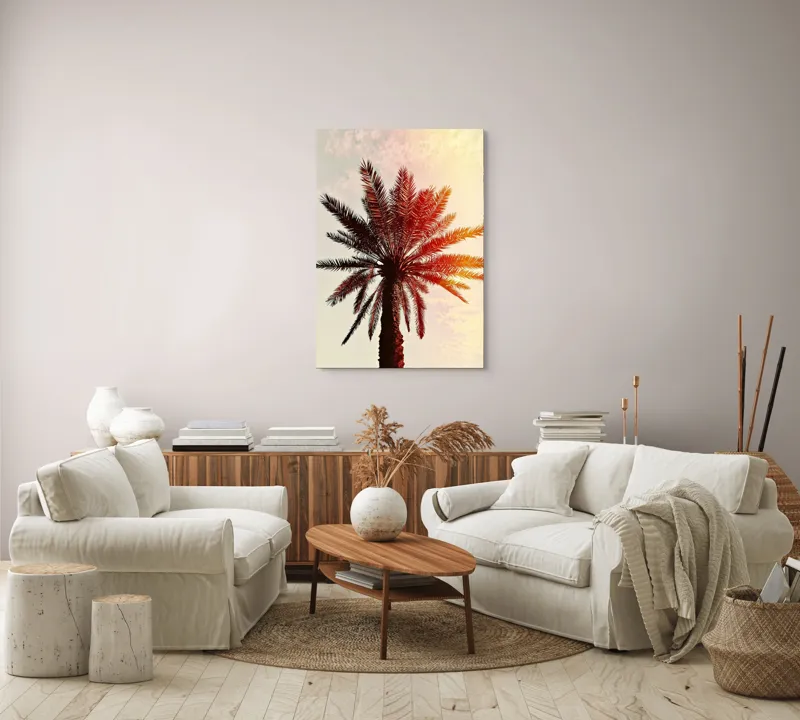 Tablou Canvas, "Apus de soare printre frunze tropicale", Palmier, Apus, Siluetă, Cer, Soare, Frunze, Culoare, Lumină, 70 x 100 cm – poza 4
