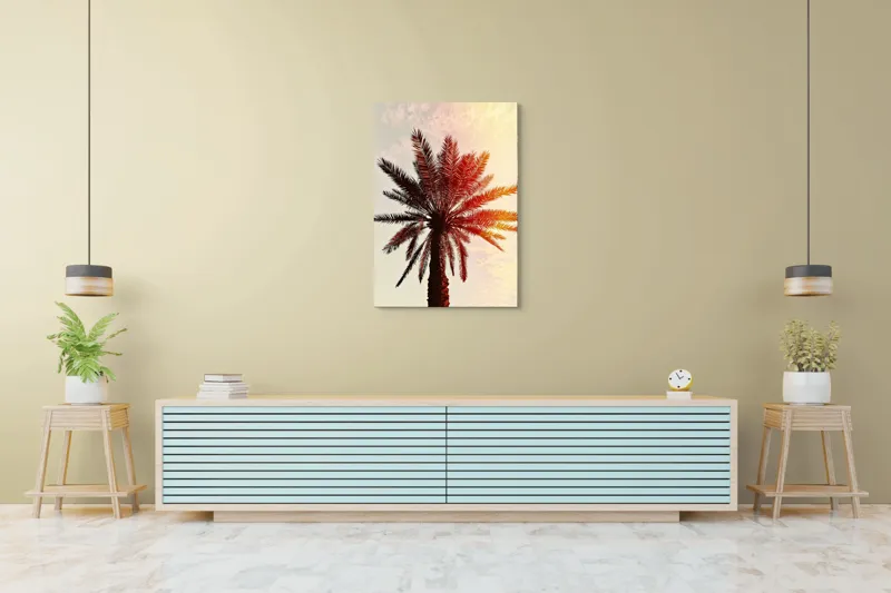 Tablou Canvas, "Apus de soare printre frunze tropicale", Palmier, Apus, Siluetă, Cer, Soare, Frunze, Culoare, Lumină, 70 x 100 cm – poza 5