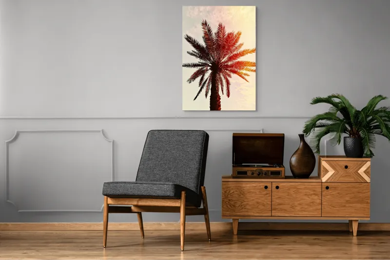 Tablou Canvas, "Apus de soare printre frunze tropicale", Palmier, Apus, Siluetă, Cer, Soare, Frunze, Culoare, Lumină, 70 x 100 cm – poza 6