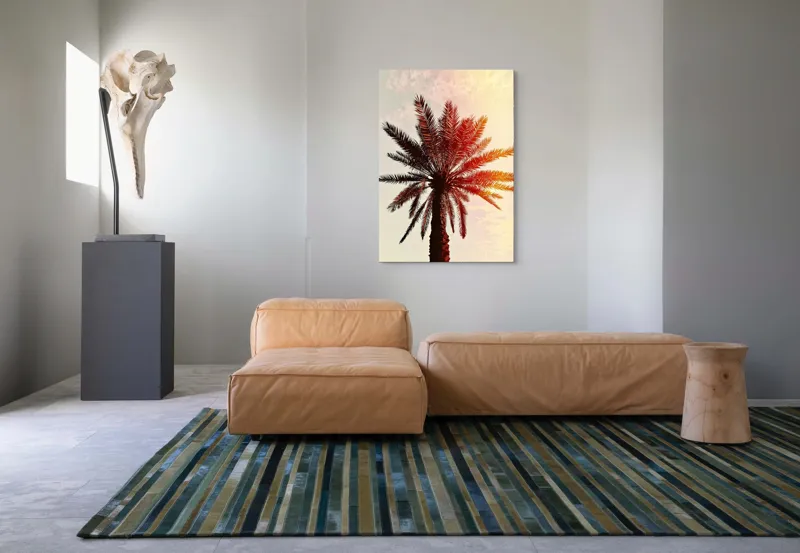 Tablou Canvas, "Apus de soare printre frunze tropicale", Palmier, Apus, Siluetă, Cer, Soare, Frunze, Culoare, Lumină, 70 x 100 cm – poza 7