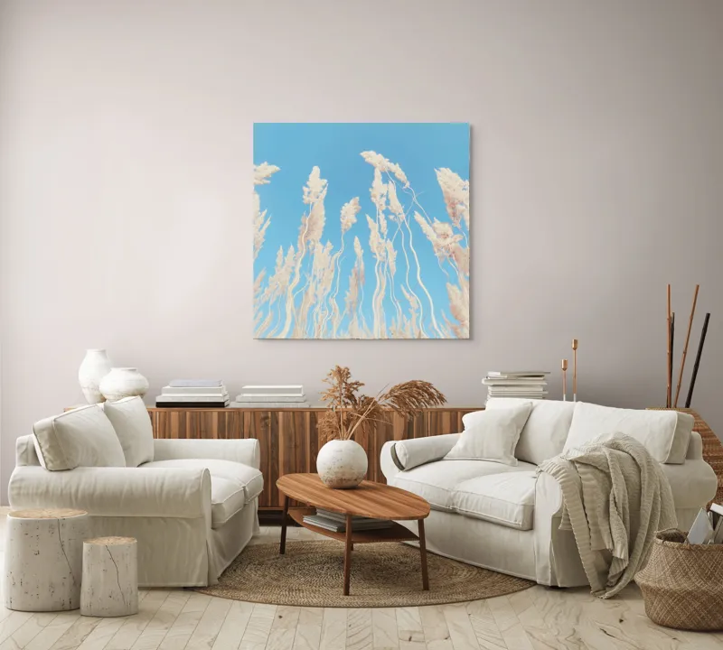 Tablou Canvas, "Dansul ierbii în bătaia vântului", Nori, Albastru, Flori, Delicate, Înălțare, Pastel, Cer, Liniște, 100 x 100 cm – poza 3