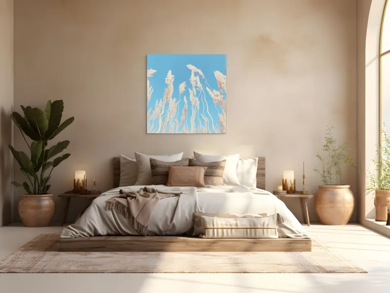 Tablou Canvas, "Dansul ierbii în bătaia vântului", Nori, Albastru, Flori, Delicate, Înălțare, Pastel, Cer, Liniște, 100 x 100 cm – poza 4