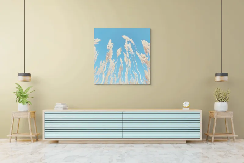 Tablou Canvas, "Dansul ierbii în bătaia vântului", Nori, Albastru, Flori, Delicate, Înălțare, Pastel, Cer, Liniște, 100 x 100 cm – poza 5