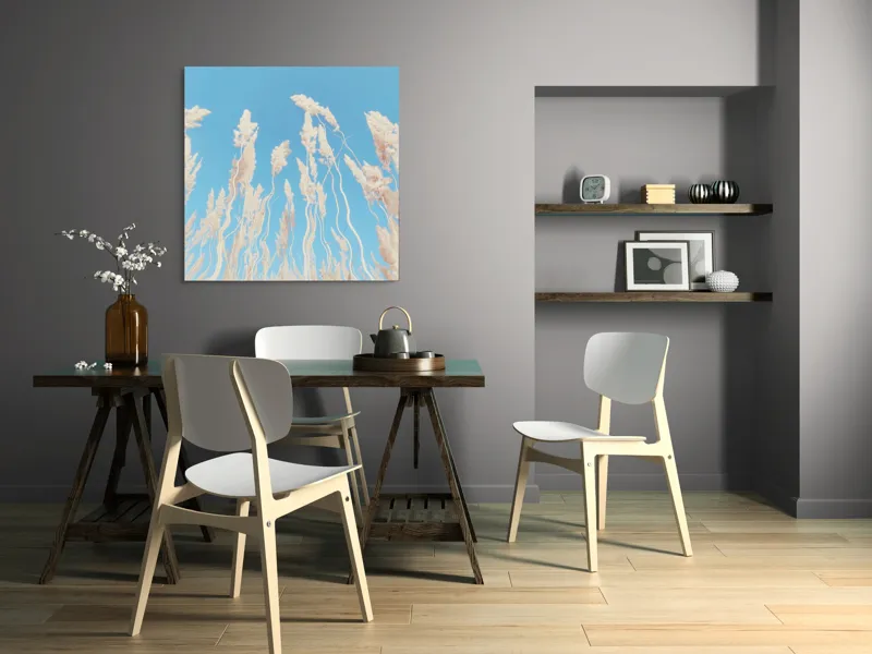 Tablou Canvas, "Dansul ierbii în bătaia vântului", Nori, Albastru, Flori, Delicate, Înălțare, Pastel, Cer, Liniște, 100 x 100 cm – poza 6