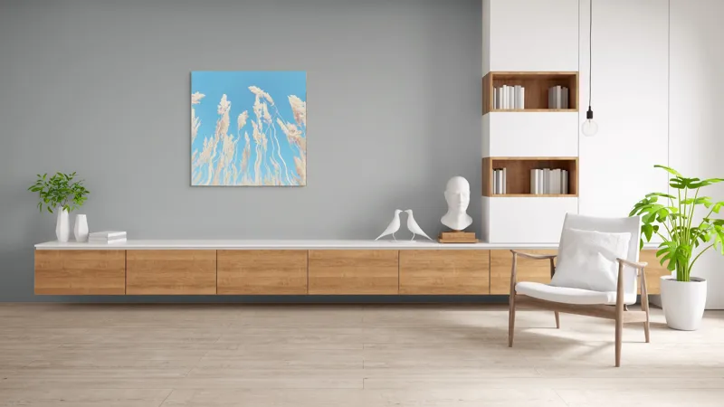 Tablou Canvas, "Dansul ierbii în bătaia vântului", Nori, Albastru, Flori, Delicate, Înălțare, Pastel, Cer, Liniște, 100 x 100 cm – poza 8