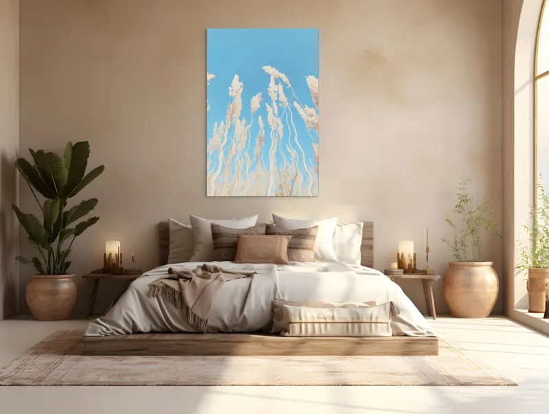 Tablou Canvas, "Dansul ierbii în bătaia vântului", Nori, Albastru, Flori, Delicate, Înălțare, Pastel, Cer, Liniște, 100 x 150 cm – poza 3