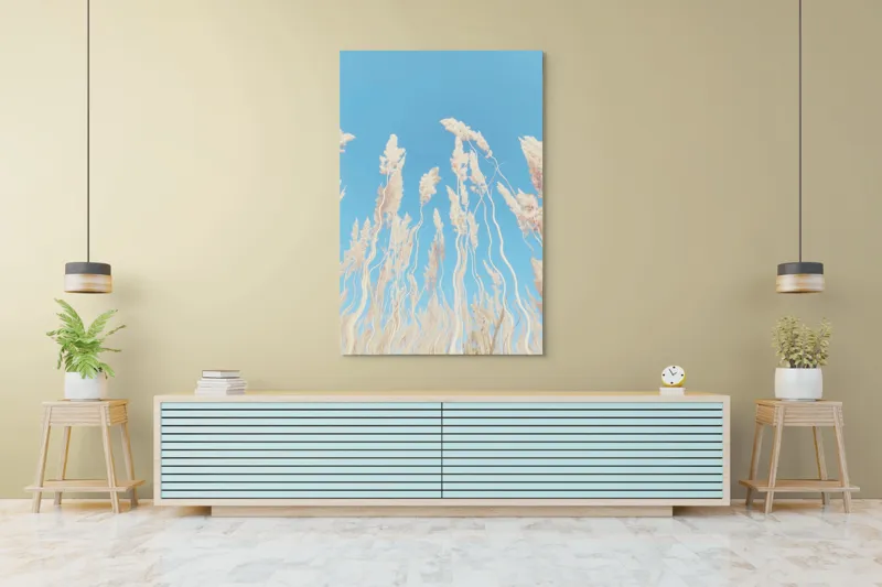 Tablou Canvas, "Dansul ierbii în bătaia vântului", Nori, Albastru, Flori, Delicate, Înălțare, Pastel, Cer, Liniște, 100 x 150 cm – poza 4