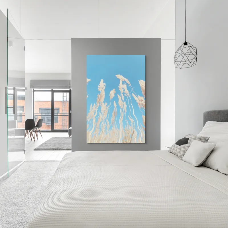 Tablou Canvas, "Dansul ierbii în bătaia vântului", Nori, Albastru, Flori, Delicate, Înălțare, Pastel, Cer, Liniște, 100 x 150 cm – poza 5
