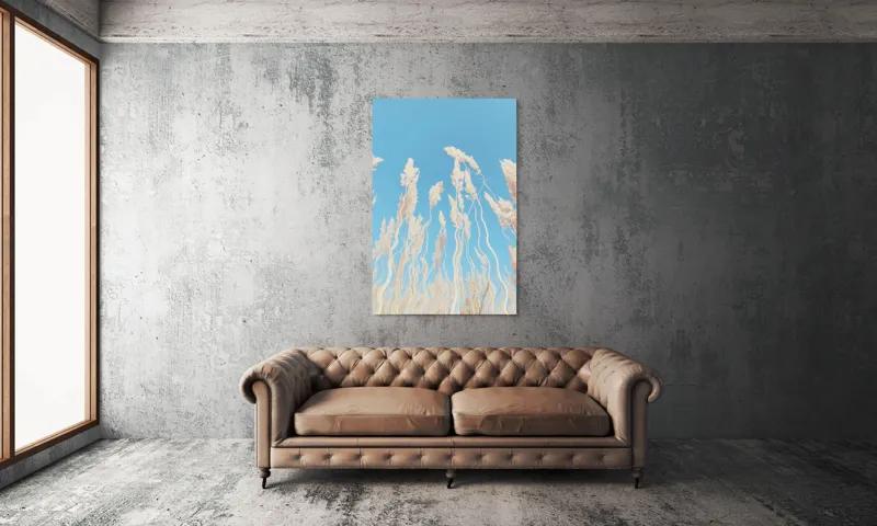 Tablou Canvas, "Dansul ierbii în bătaia vântului", Nori, Albastru, Flori, Delicate, Înălțare, Pastel, Cer, Liniște, 100 x 150 cm – poza 6
