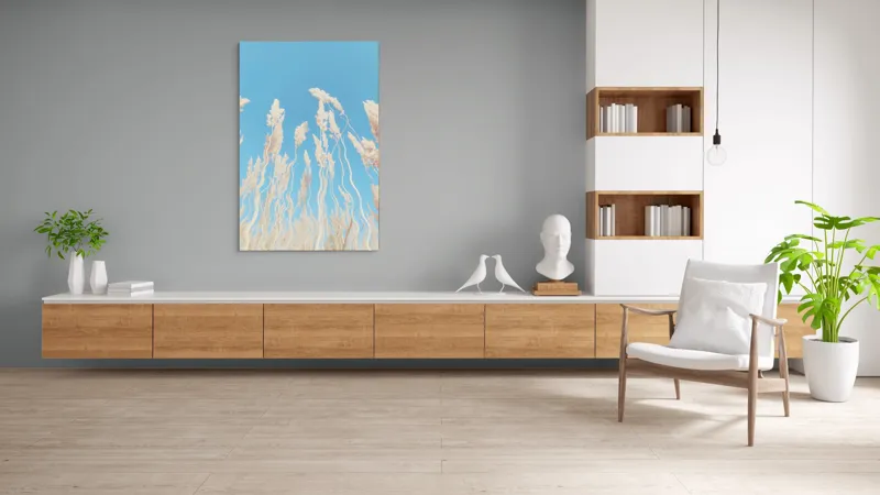 Tablou Canvas, "Dansul ierbii în bătaia vântului", Nori, Albastru, Flori, Delicate, Înălțare, Pastel, Cer, Liniște, 100 x 150 cm – poza 8
