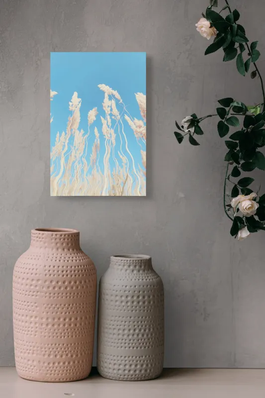 Tablou Canvas, "Dansul ierbii în bătaia vântului", Nori, Albastru, Flori, Delicate, Înălțare, Pastel, Cer, Liniște, 26 x 39 cm – poza 6