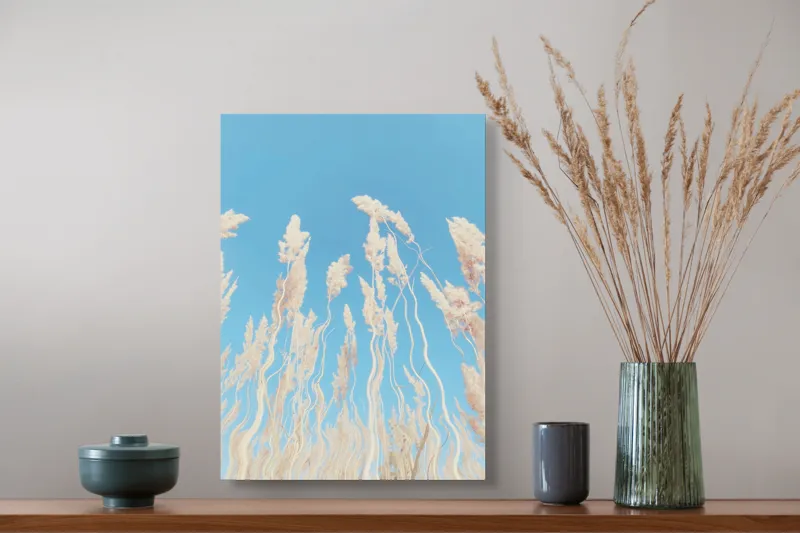 Tablou Canvas, "Dansul ierbii în bătaia vântului", Nori, Albastru, Flori, Delicate, Înălțare, Pastel, Cer, Liniște, 39 x 54 cm – poza 3