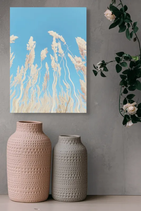 Tablou Canvas, "Dansul ierbii în bătaia vântului", Nori, Albastru, Flori, Delicate, Înălțare, Pastel, Cer, Liniște, 39 x 54 cm – poza 6