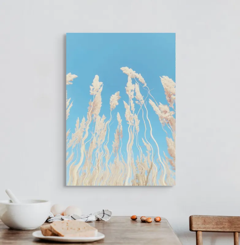 Tablou Canvas, "Dansul ierbii în bătaia vântului", Nori, Albastru, Flori, Delicate, Înălțare, Pastel, Cer, Liniște, 50 x 70 cm – poza 3