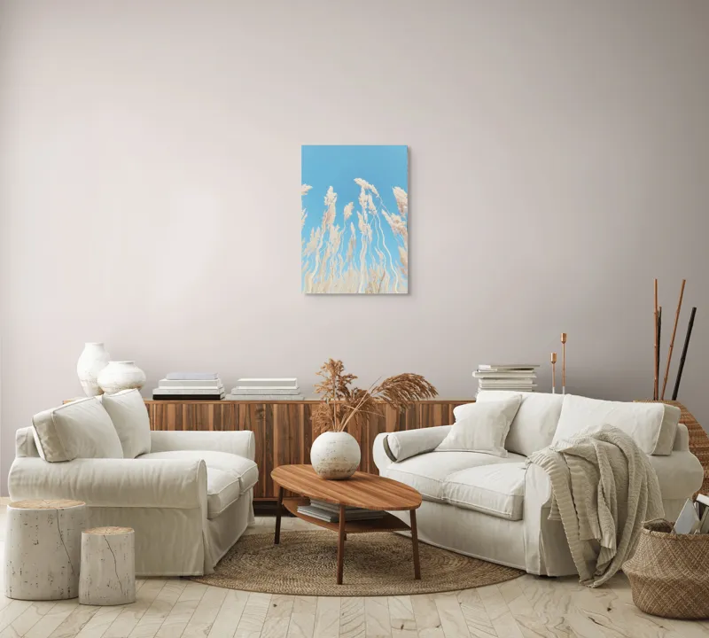 Tablou Canvas, "Dansul ierbii în bătaia vântului", Nori, Albastru, Flori, Delicate, Înălțare, Pastel, Cer, Liniște, 50 x 70 cm – poza 4