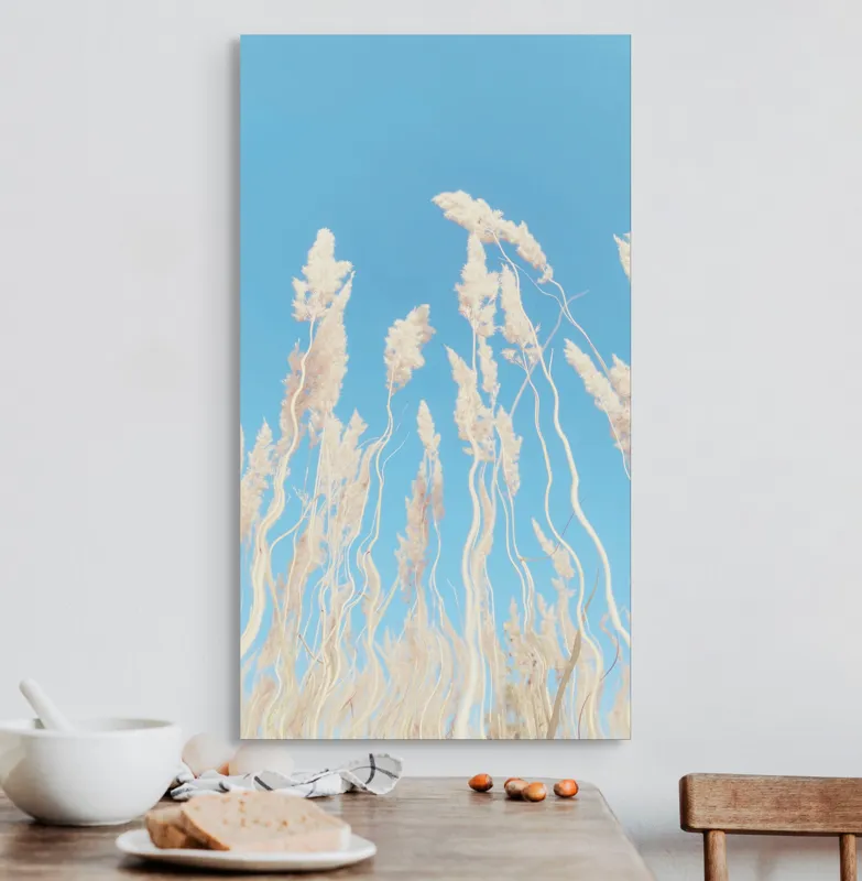 Tablou Canvas, "Dansul ierbii în bătaia vântului", Nori, Albastru, Flori, Delicate, Înălțare, Pastel, Cer, Liniște, 50 x 90 cm – poza 3