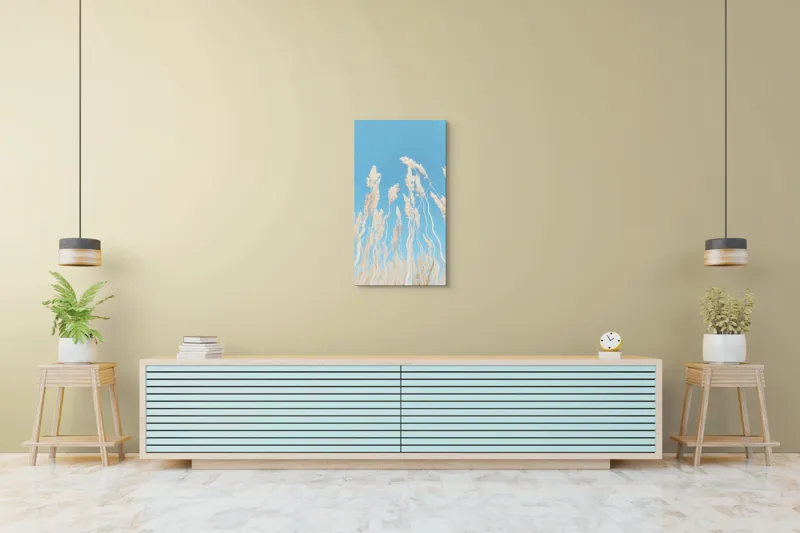 Tablou Canvas, "Dansul ierbii în bătaia vântului", Nori, Albastru, Flori, Delicate, Înălțare, Pastel, Cer, Liniște, 50 x 90 cm – poza 6