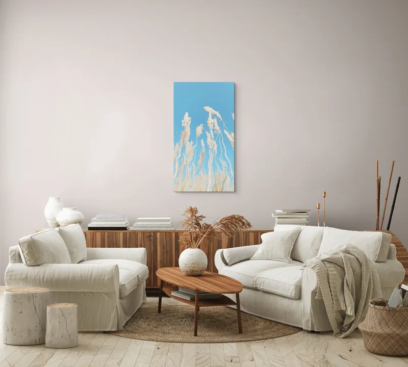 Tablou Canvas, "Dansul ierbii în bătaia vântului", Nori, Albastru, Flori, Delicate, Înălțare, Pastel, Cer, Liniște, 50 x 90 cm – poza 7