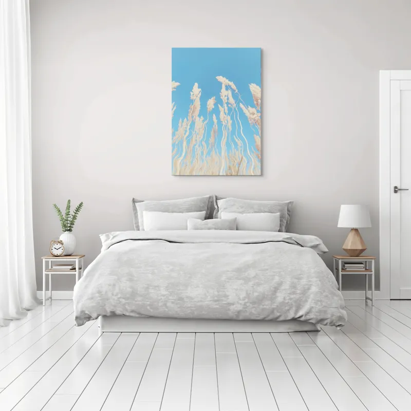 Tablou Canvas, "Dansul ierbii în bătaia vântului", Nori, Albastru, Flori, Delicate, Înălțare, Pastel, Cer, Liniște, 70 x 100 cm – poza 3