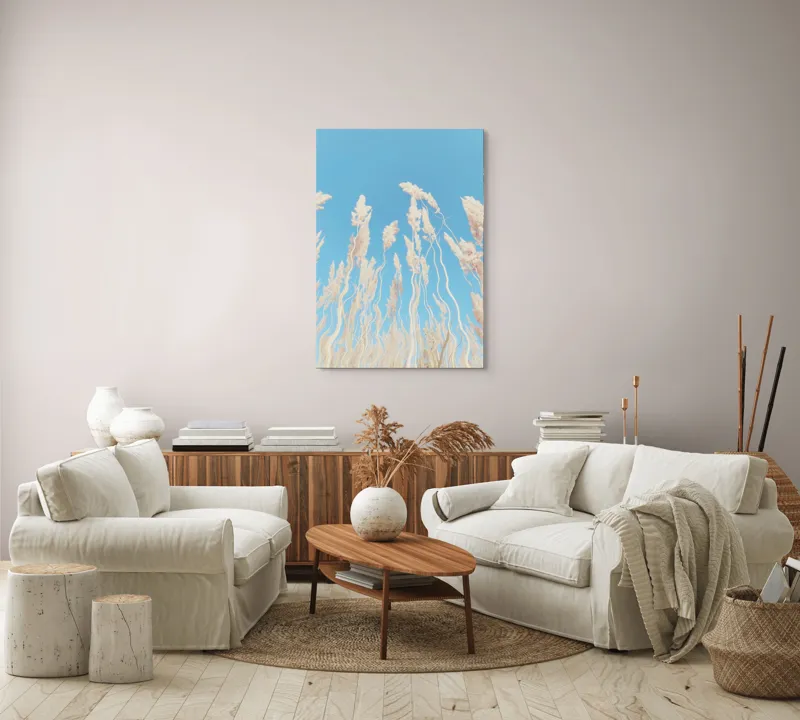Tablou Canvas, "Dansul ierbii în bătaia vântului", Nori, Albastru, Flori, Delicate, Înălțare, Pastel, Cer, Liniște, 70 x 100 cm – poza 4