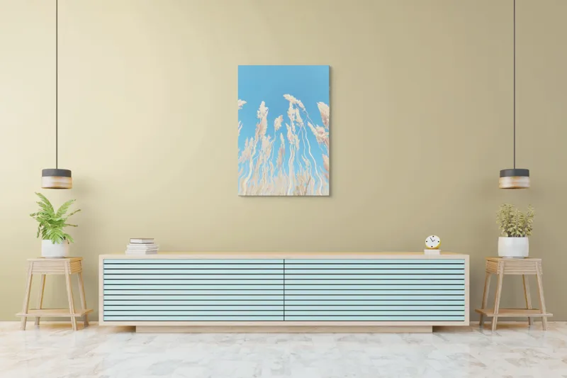 Tablou Canvas, "Dansul ierbii în bătaia vântului", Nori, Albastru, Flori, Delicate, Înălțare, Pastel, Cer, Liniște, 70 x 100 cm – poza 5