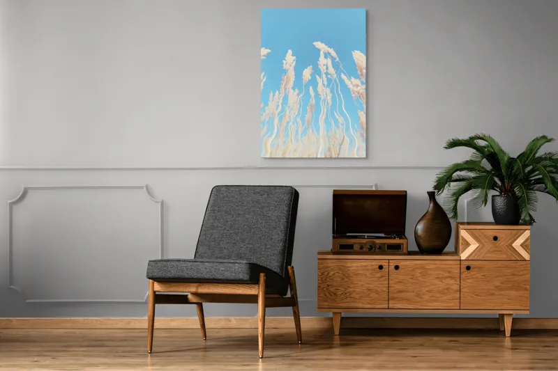 Tablou Canvas, "Dansul ierbii în bătaia vântului", Nori, Albastru, Flori, Delicate, Înălțare, Pastel, Cer, Liniște, 70 x 100 cm – poza 6