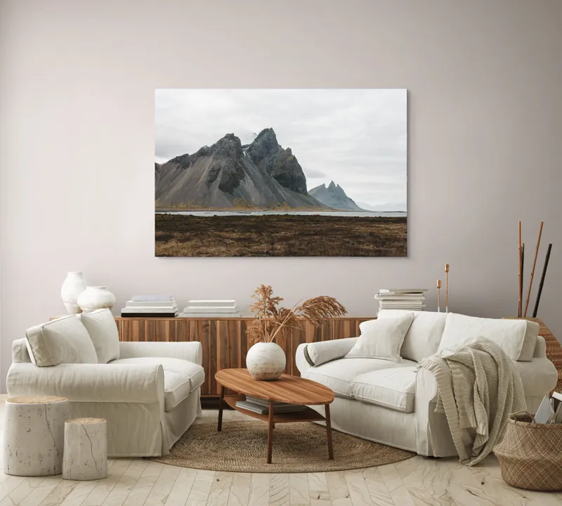 Tablou Canvas, "Munții maiestuoși sub cer înnorat", Munți, Nor, Peisaj, Maluri, Stânci, Natură, Calm, Eternitate, 150 x 100 cm – poza 3
